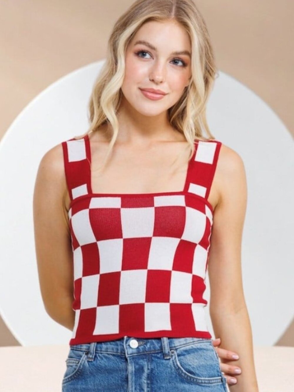 Better Be Brand Red White Checkerboard Sweater‎ Tank Sleeveless Knit Crop Top